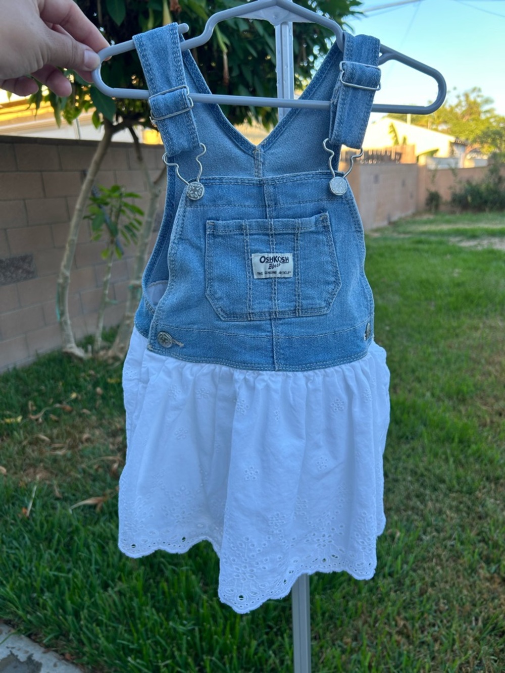 OshKosh B'gosh Light Blue Denim and White Eyelet Overall Dress